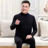 Pai conjunto de roupa íntima térmica masculina suéter meia-idade e idosos de Veludo fino forrado com fleece roupas de outono calça comprida gola alta