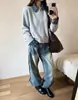 Cárdigan de punto patchwork de mezclilla con cuello para mujer, suéter chaqueta casual holgado de manga larga, nueva moda de otoño e invierno, versátil