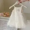 Vestido Estilo Coreano para Niña, Vestido Rosa de Tirantes, Falda Multicapa de Malla con Lunares, Vestido de Princesa, Vestido de Bebé con Lazo