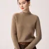 Suéter pullover de punto grueso 100% lana de cabra pura para mujer con cuello semialto y hombros raglán, perfecto como capa base