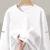 Camiseta masculina de manga longa gola redonda, cor sólida versátil, corte solto, para primavera e outono, top casual moderno