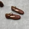 2025 Novos Sapatos em T de Couro Genuíno Estilo Floresta Artesanais Estilo Japonês Bico Quadrado Fundo Plano Mary Jane Couro de Vaca Sapatos Femininos