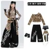 Figurino de dança jazz para meninas, conjunto de roupa de dança cropped com estampa de leopardo para crianças, roupa da moda street dance para desfile infantil, figurino de performance para meninas