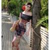 Vestido Cruzado Francés de Un Hombro con Empalme de Malla Estampado para Mujer en Vacaciones junto al Mar, Hermoso Temperamento, Falda Larga Entallada en la Cintura