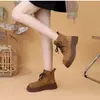 Outono e Inverno 2025 Novo Estilo Forrado com Lã Espessado Quente e à Prova de Frio Sapatos Pequenos de Algodão Retrô Bico Redondo Altura Aumentada Botas Curtas para Mulheres