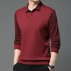 Camiseta de manga larga para hombre, estilo dos piezas falsas, nueva de otoño, con solapa, a rayas, para mediana edad, casual, versátil, como capa base para papá