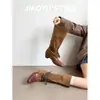 Botas retro de cuero genuino para mujer, que aumentan la altura, de punta fina, plisadas, apiladas, de caña alta hasta la rodilla, versátiles, con tacón grueso, adelgazantes, tipo equitación