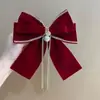 2026 Nuevo Estilo Pinza para el Cabello con Lazo Grande de Terciopelo Rojo, Accesorio para el Cabello para Niñas, Tocado de Princesa Nupcial de Borla de Alta Gama