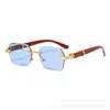 Gafas de Sol Retro sin Marco Multilado Europeas y Americanas Transfronterizas para Mujer, Gafas de Sol de Moda de Gama Alta con Patillas de Madera para Hombre