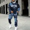 Conjunto de Dos Piezas con Sudadera con Capucha y Pantalones Deportivos Teum Amazon Comercio Exterior Transfronterizo Europeo y Americano Estampado Digital Efecto Imitación de Mezclilla