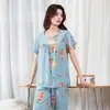 Pijama de seda de algodão feminino floral verão solto calças cortadas de manga curta algodão artificial roupas domésticas roupas femininas finas para uso externo conjunto de duas peças