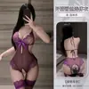 Lencería Sexy Pura Pasión Encaje Portapelotas Malla Mono Transparente Abertura Abierta No Necesita Quitarse Uniforme Morado Tentación Traje para Mujer