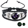 Pulsera de Cuero de Vaca con Cuentas de Piedra de Tiempo de las Doce Constelaciones Luminosas Pulsera Unisex de Cristal Negro