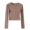 Ombligo Cuello Pequeño Hilo Agujero Raya Manga Larga Ajustado Corto Cintura Alta Color Sólido Camiseta Base Top Camiseta para Mujer