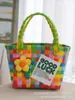 Bolsa de Plástico Tejida a Cuadros de Contraste Dopamina Colorida Accesorios de Flores Bolsa Cesta de Verduras Bolso Grande Tejido a Mano