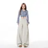 Calça Jeans Wide Leg Bege Estilo Vintage para Mulheres, Nova Primavera de Cintura Alta Reto Emagrecedora Solta Comprimento Total para Outono e Inverno