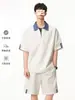 Traje Casual para Hombre, Nuevo Estilo de Verano, Camisa Polo con Medio Cierre Bloque de Color, Camiseta de Manga Corta, Conjunto de Shorts Casuales Sueltos y Versátiles