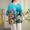 Camiseta Estampada de Manga Corta para Mujer Talla Grande, Mezcla de Algodón y Lino, Estilo Vintage, Corte Holgado, Nuevo Top Pullover Verano 2026