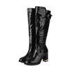 Tamanhos 34-43 Outono e Inverno Bico Redondo Salto Alto Botas de Cano Alto de Tamanho Grande com Zíper Lateral, Sapatos Versáteis de Venda Cruzada com Solado de Borracha e Salto Bloco Antiderrapante