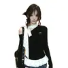 Camiseta de Manga Larga con Volantes y Parches de Lunares, de un Solo Hombro, para Mujer, Capa Base Ajustada a la Cintura para Primavera y Otoño, Estilo Trendy Ins