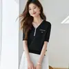 Camiseta Jacquard Decote V Manga Curta Estilo Chanel para Mulheres, Nova Verão 2026 Malha Fina de Tencel com Mistura de Seda