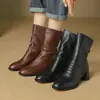 Botas de Tacón Alto Completamente de Piel con Capa Superior Reversible de una Sola Capa, Cierre de Cremallera Trasera, Forro Grueso de Piel, Acabado Vintage Teñido al Agua, Suministro Directo desde la Fábrica de Zapatos para Mujer de Chengdu