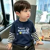 Camiseta de Manga Larga Rayada Patchwork de Dibujos Animados para Niños, Algodón Puro para Primavera y Otoño, Estilo Coreano, Holgada, Moderna, Camiseta Básica Informal para Niños