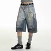 Jeans Pendurados de Perna Larga com Estampa Completa para Homens, Calças Curtas Casuais Americanas Soltas de Perna Reta para o Verão