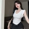 [Venta al por Mayor Transfronteriza] Camiseta de Manga Corta para Mujer con Cuello en V en el Hombro Derecho, Chic y Única, Ajustada, Estilo Francés Corto, Top de Manga Corta con Volantes