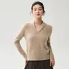 Suéter de punto de cachemira con cuello Peter Pan y escote en V cruzado, estilo simple para mujer, corte ajustado, efecto adelgazante, top básico