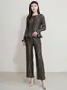 Conjunto de Dos Piezas para Mujer para el Trabajo, Top de Manga Larga a Rayas Verticales y Pantalones de Pierna Ancha, Conjunto Completo de Estilo Ligero y Maduro