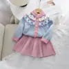 Conjunto de Punto para Niña Otoño Nuevo Estilo Bebé Cuello Redondo Cardigan Jacquard Falda Plisada de Punto Conjunto de Dos Piezas Ropa Infantil Transfronteriza