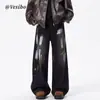 Jeans de pierna ancha geométricos estilo hip-hop americano para hombre, corte holgado, lavados, diseño de alta costura, pantalones largos rectos hasta el suelo