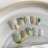 Manicura Portátil Hecha a Mano Verde Blanqueadora Diamantes Difuminados Manicura Portátil de Gama Alta Parche de Uña Terminado Estilo Corto Primavera y Verano
