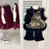 Ningli Girls' Children's Wear Outono e Inverno Estilo Chinês Ano Novo Veste Preto Ouro Borboleta Colete Forrado de lã Calças de Cor Sólida Conjunto de Duas Peças