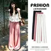 Calça larga plissada com cordão e cintura elástica, calça longa fluida, calça reta casual leve e respirável de verão
