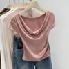 Camiseta Feminina de Verão 2024, Gola Assimétrica Estreita, Slim Fit, Emagrecedora, Stretch, Manga Curta, Macia, Estilo Novo, Top Curto Spice Girl, Tendência