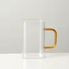 Vaso de vidrio cuadrado de una sola capa, taza de leche doméstica de alto borosilicato con asa, taza de café, vaso simple para jugo con popote, venta al por mayor