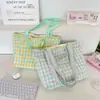 65159 Bolsa de Lona Xadrez Rosa e Branca com Alça Azul Clara, Estilo Casual para Passeio de Estudante, Bolsa de Ombro Artística