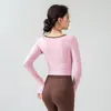 Ropa de Yoga Nueva de Otoño con Color de Contraste para Mujer con Almohadillas en el Pecho, Tops de Cuello Redondo, Camisetas, Deportes de Pilates, Running, Fitness, Mangas Largas