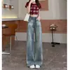 Calça jeans reta vintage lavada com efeito desgastado para mulheres, tamanho petite 150cm, caimento solto, afina a silhueta, cintura alta, perna larga, comprimento até o chão
