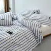 Juego de Cuatro Piezas Minimalista Nórdico 100% Algodón Puro, Adecuado para Todas las Estaciones, Juego de Tres Piezas de Sábana y Funda Nórdica Rayada de Lujo Ligero