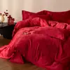 Juego de Cama de Cuatro Piezas Estilo Chino de Alta Calidad Habitación de Boda Bordado Rojo Doble Felicidad Funda Nórdica Sábana Bajera Ropa de Cama para Ceremonia de Boda Recepción de la Novia Dote