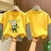Camiseta de manga larga a rayas de algodón puro para niños, camiseta básica de otoño con dibujos animados, top falso de dos piezas para niños, casual y versátil