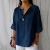Top de Algodón y Lino de Manga Media Estilo Europeo de Moda de Hong Kong, Nuevo Top de Manga Corta Primavera/Verano con Diseño de Cuello en V, Tallas Grandes para Mujer