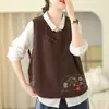 Colete Tricot Outono 2026 Cor Sólida Sem Mangas Pulôver Feminino Retrô Bordado Gola Redonda Ombro Botonizado Top