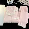 Pijama cálido engrosado con volantes para mujer, temporada de otoño e invierno, cárdigan, color liso, suave y esponjoso, ropa de casa con terciopelo, se puede usar afuera