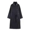 Cardigan de Tricô Longo com Gola Alta, Botões Únicos e Cinto na Cintura, Estilo Europeu e Americano da Moda para Outono, Peça de Roupa Exterior Solta