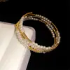 Pulseira de Rede Azul Dourada com Flor de Vidro Pérola Zircônia Brilhante Pulseira Elegante de Luxo Leve Joia de Mão Versátil da Moda