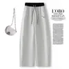 Calça Curva Estilo Americano Branco-Cinza para Mulheres, Lançamento Verão 2026 Casual Elástico na Cintura Solta Bordada Perna Larga